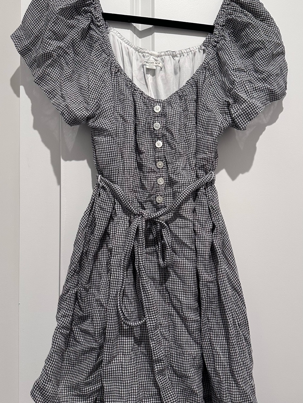 American Eagle Outfitters Black & White Gingham Puff-Sleeve Button Romper
